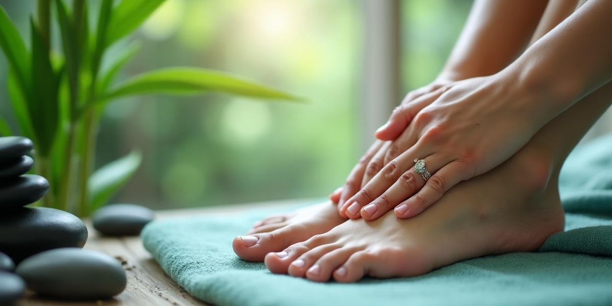 Técnica de reflexologia sendo aplicada nos pés, mostrando pontos de pressão